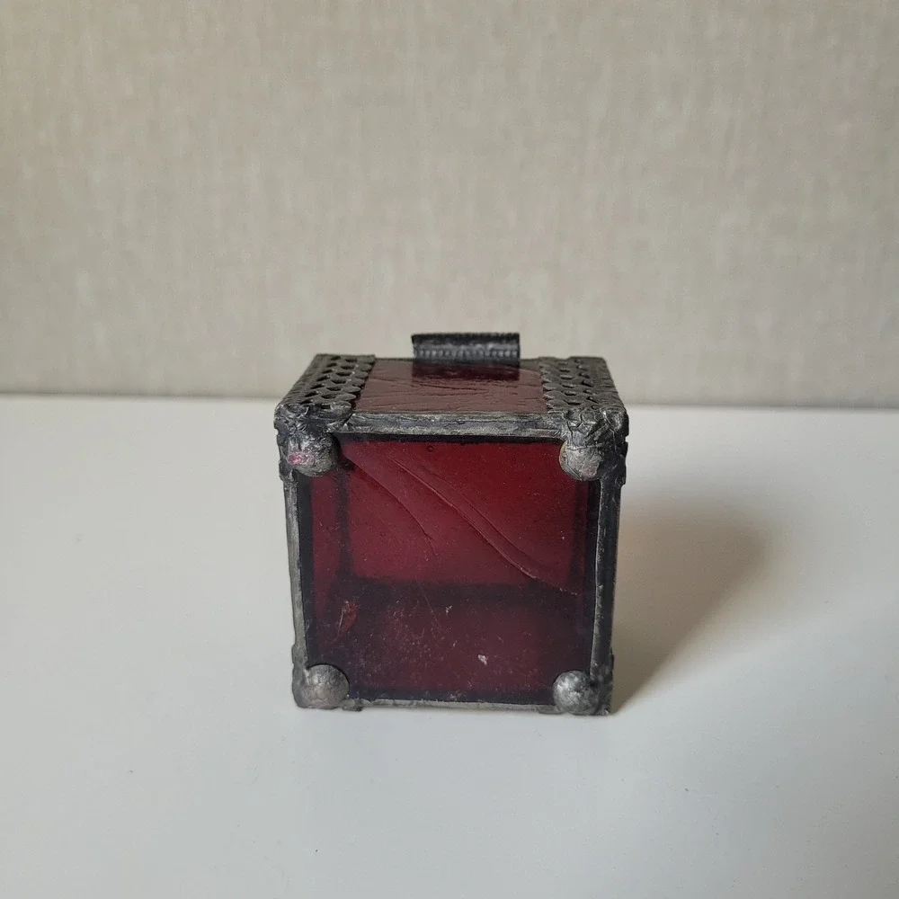 Vintage Slag Glass Trinket Box with Decorative Filigree Edging – Deep Red Gothic